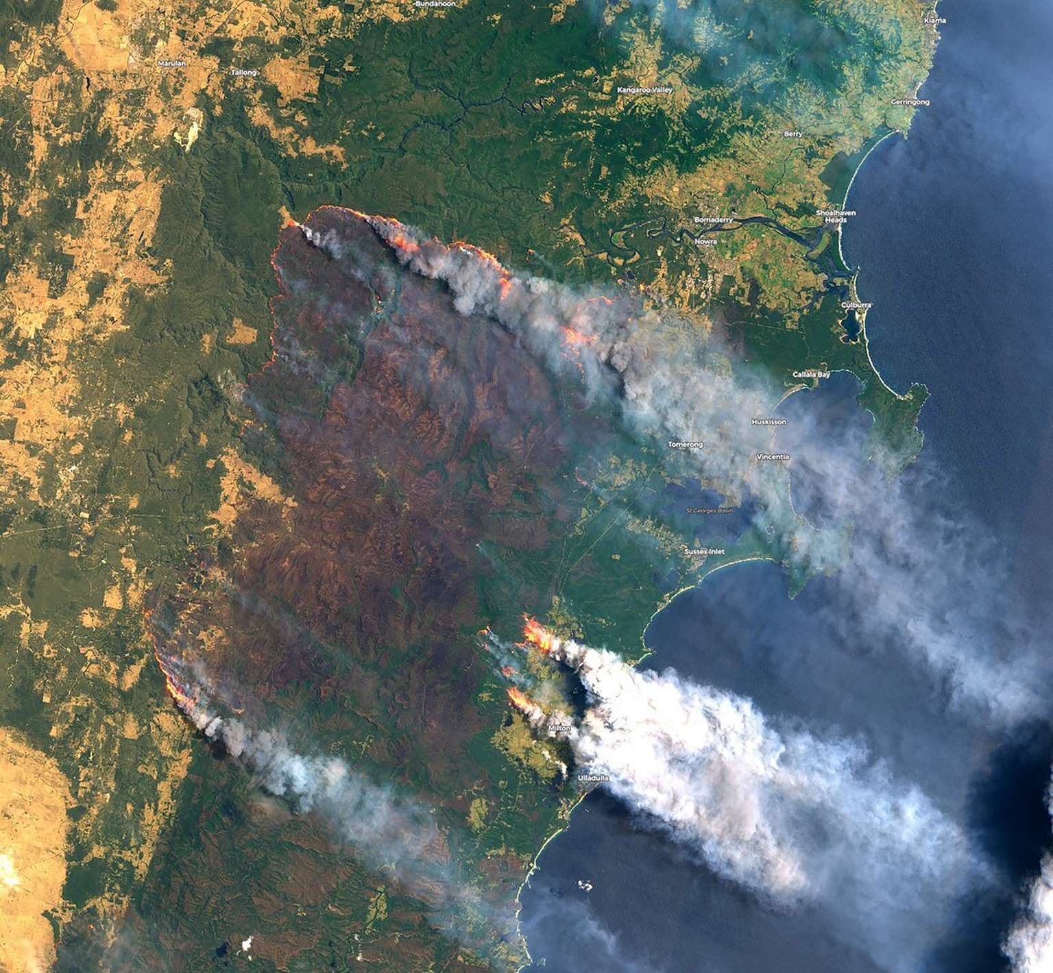 In this satellite image released by Copernicus Sentinel Imagery, 2020 twitter page acquired Dec. 31, 2019, shows the Clyde Mountain Fire, 200 kms. (124 miles) south of Sydney, Australia. (Copernicus S ...