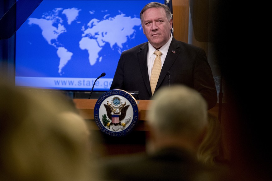 Secretary of State Mike Pompeo pauses while speaking at a news conference at the State Department in Washington, Monday, Nov. 18, 2019. Pompeo spoke about Iran, Iraq, Israeli settlements in the West B ...