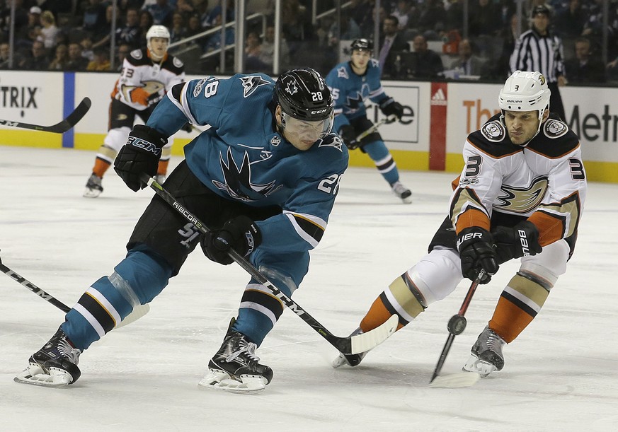 San Jose Sharks right wing Timo Meier (28), from Switzerland, skates against Anaheim Ducks defenseman Kevin Bieksa (3) during the second period of an NHL hockey game in San Jose, Calif., Monday, Nov.  ...