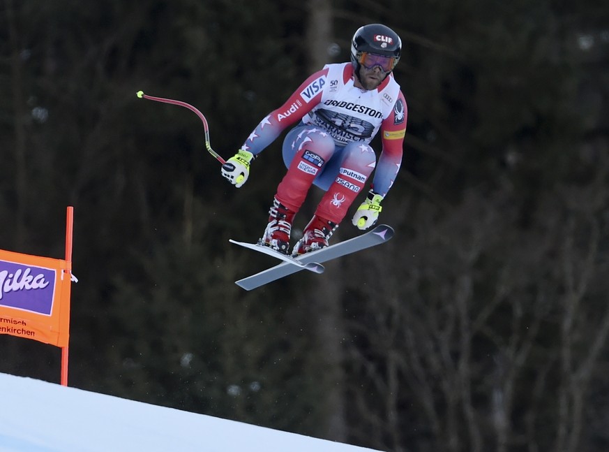 United States&#039; Travis Ganong competes during an alpine ski, men&#039;s World Cup downhill race, in Garmisch Partenkirchen, Friday, Jan. 27, 2017. (AP Photo/Marco Tacca)