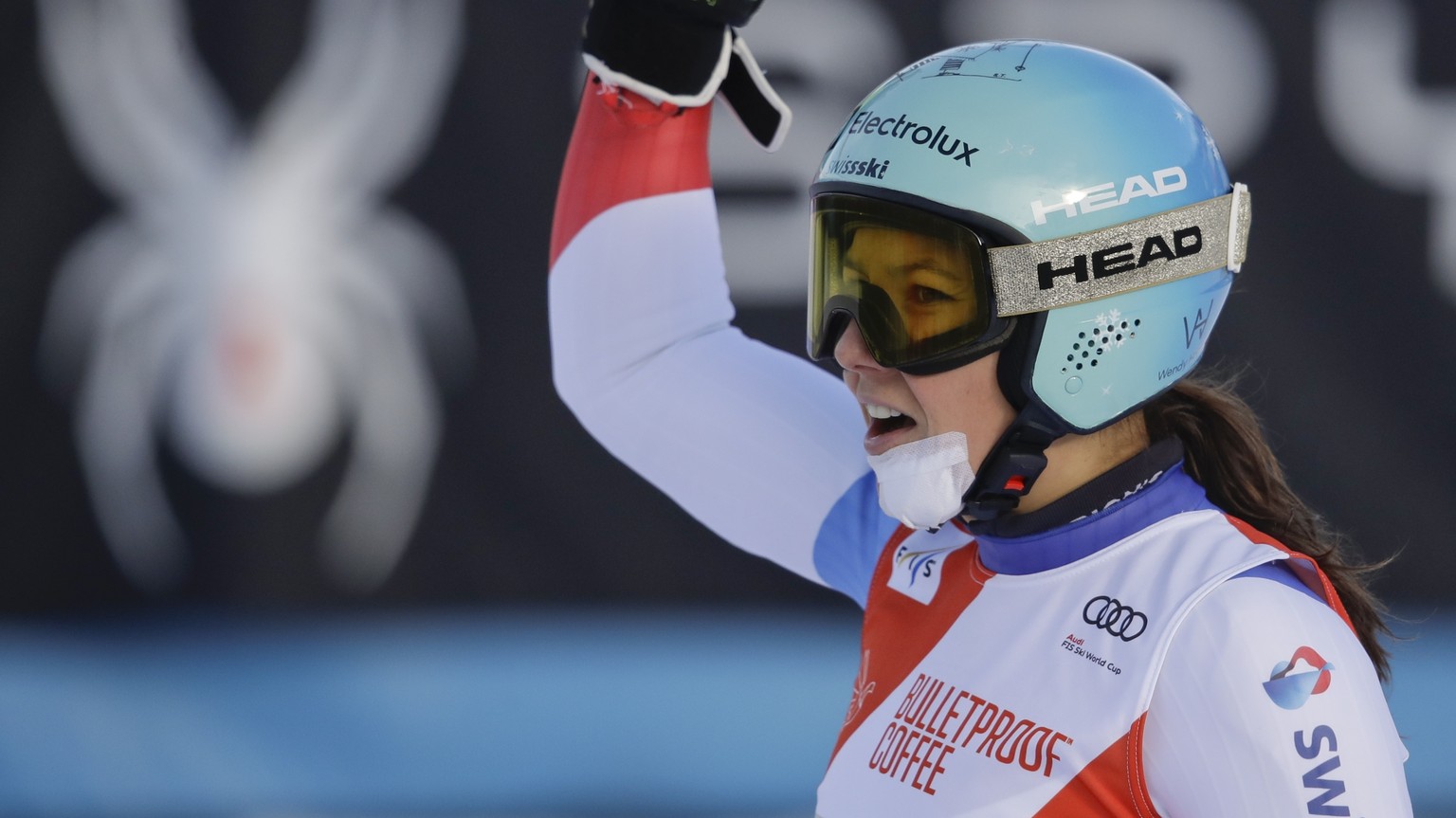 Switzerland&#039;s Wendy Holdener reacts after completing the alpine ski, women&#039;s World Cup giant slalom in Killington, Vt., Saturday, Nov. 24, 2018. (AP Photo/Charles Krupa)