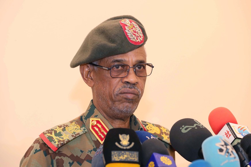 epa07501427 Awad Ibn Auf, the Sudanese Defense Minister speaking in Khartoum, Sudan, 27 February 2019, issued 12 April 2019. Reports state that Awad Ibn Auf, the Sudanese Defense Minister Vice Preside ...