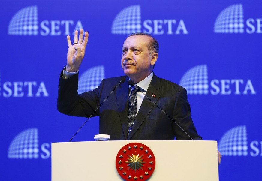 Turkey&#039;s President Recep Tayyip Erdogan addresses his supporters in Istanbul, Saturday, Feb. 11, 2017. Turkey&#039;s electoral board on Saturday confirmed April 16 as the date of a national refer ...