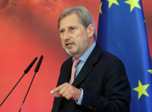 epa06895103 EU Commissioner for European Neighborhood Policy and Enlargement Johannes Hahn during a joint press conference with Albanian Prime Minister Edi Rama (not pictured) in Tirana, Albania, 17 J ...