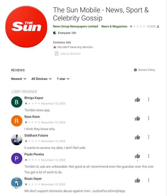 The Sun kriegt schlechte Bewertungen von Indern, die auf der Social Media Plattform 9Gag dazu aufgerufen wurden, um sich in den Streit zwischen Johnny Depp und Amber Heard einzumischen.