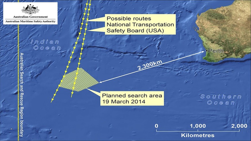 This graphic made Wednesday, March 19, 2014 and released by Australian Maritime Safety Authority (AMSA) Thursday, March 20, 2014, shows an area in the southern Indian Ocean that the AMSA is concentrat ...