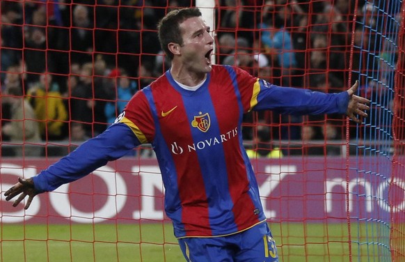 Basel&#039;s Alex Frei celebrates after scoring the 2-0 during the UEFA Champions League Group C soccer match between Switzerland&#039;s FC Basel and England&#039;s Manchester United FC at the St. Jak ...