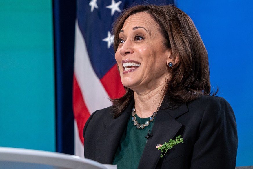 epa09080318 US Vice President Kamala Harris attends a virtual event celebrating the Frederick Douglass Global Fellows in the South Court Auditorium of the Eisenhower Executive Office Building in Washi ...