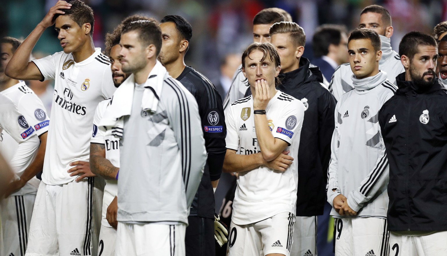 Real Madrid&#039;s team players reacts after they loose the UEFA Super Cup final soccer match between Real Madrid and Atletico Madrid at the Lillekula stadium in Tallinn, Estonia, Wednesday, Aug. 15,  ...