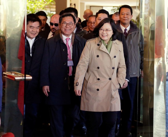 Taiwan President Tsai Ing-wen exits at the Omni Houston Hotel during a &quot;transit stop&quot; enroute to Central America, in Houston, Texas, U.S., January 7, 2017. REUTERS/James Nielsen
