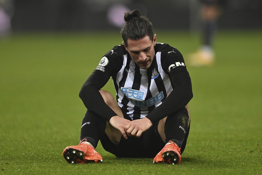 Newcastle&#039;s Fabian Schaer is dejected after the English Premier League soccer match between Newcastle United and Leeds United at St. James&#039; Park in Newcastle, England, Tuesday, Jan. 26, 2021 ...