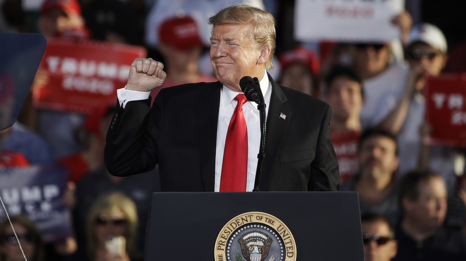 President Donald Trump gestures during a campaign rally in Montoursville, Pa., Monday, May 20, 2019. (AP Photo/Matt Rourke)