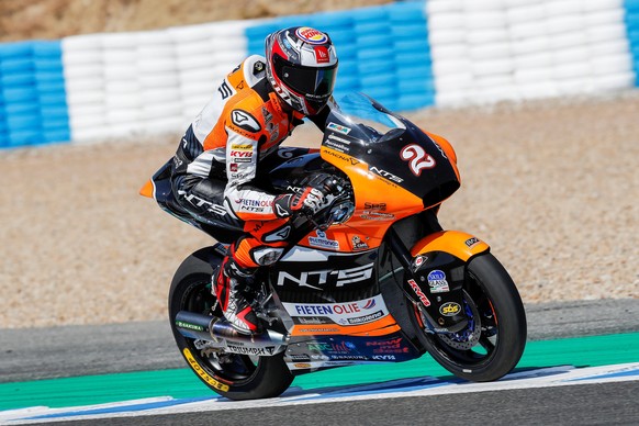 epa08564110 Swiss Moto2 rider Jesko Raffin, NTS RW Racing GP, in action during the free training session for the motorcycling Grand Prix of Andalusia held at Jerez-Angel Nieto circuit in Jerez de la F ...