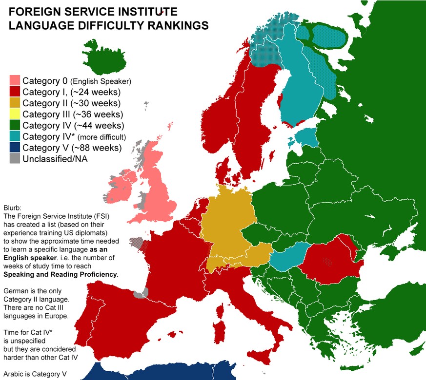 Karte: Europäische Sprachen nach Schwierigkeitsstufe für Anglophone