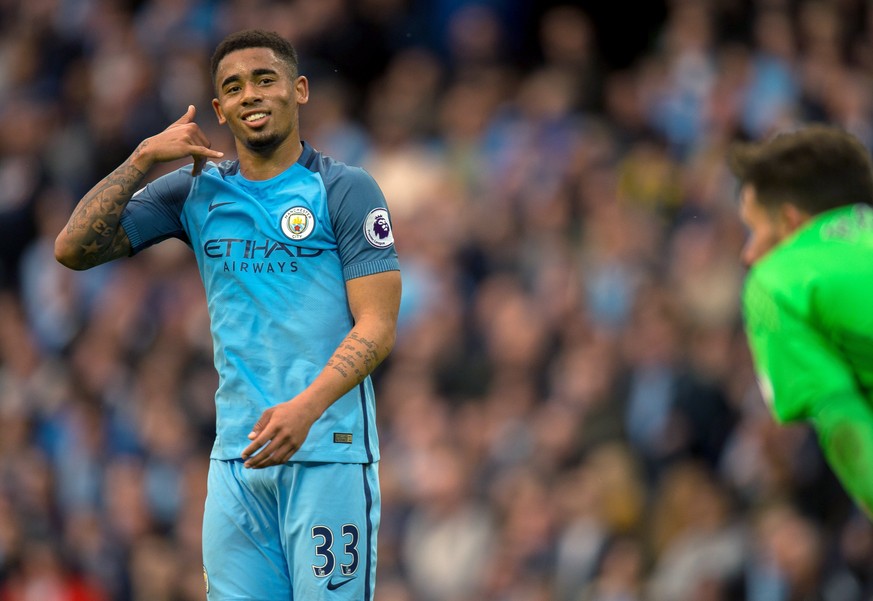 epa05968403 Manchester City&#039;s Gabriel Jesus celebrates scoring the opening goal during the English Premier League soccer match between Manchester City and West Bromwich Albion held at the Etihad  ...