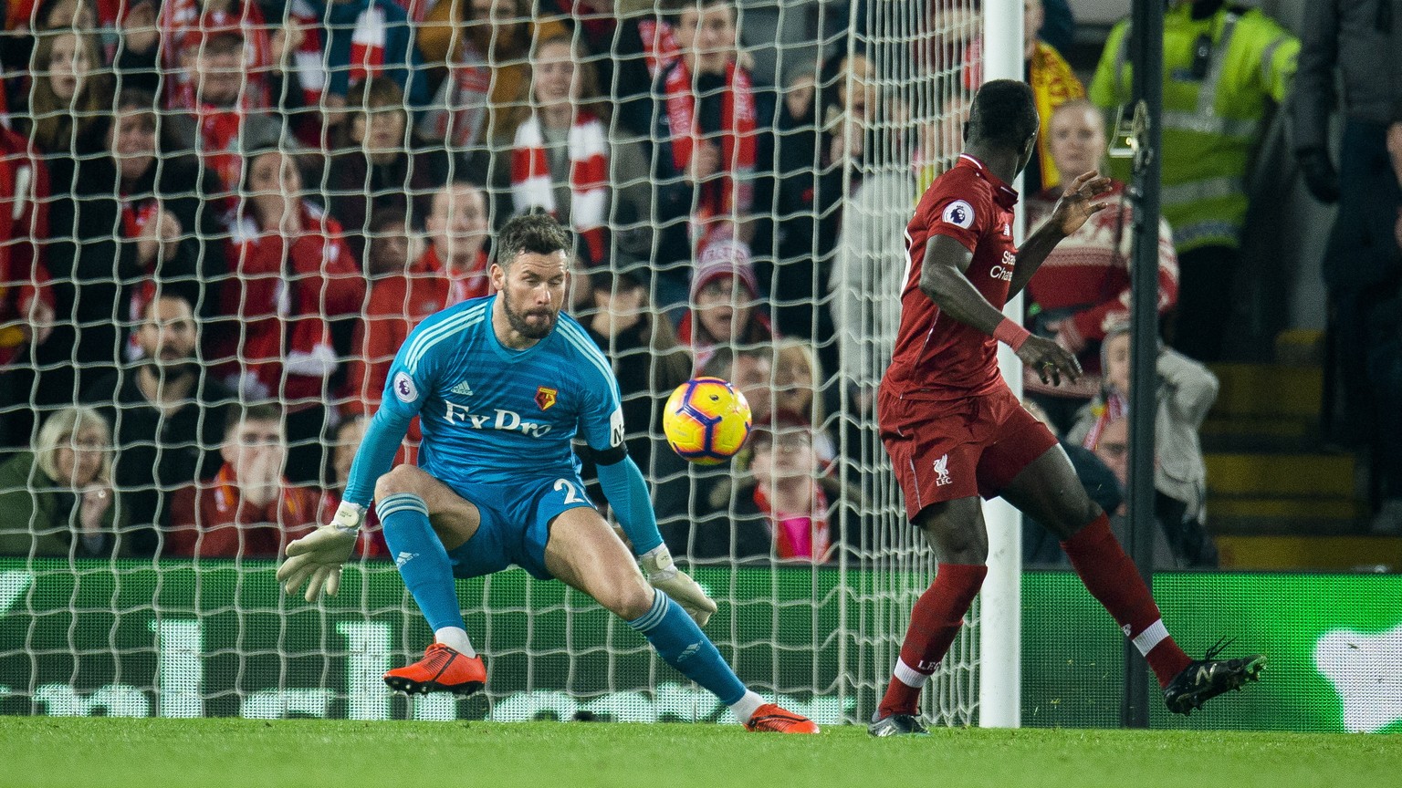epa07402360 Liverpool&#039;s Sadio Mane (2-R) scores the 2-0 lead during the English Premier League soccer match between Liverpool and Watford held at the Anfield in Liverpool, Britain, 27 February 20 ...