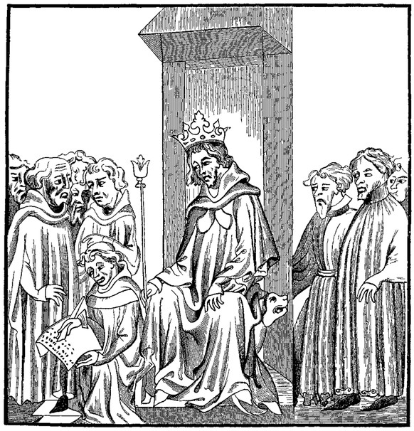 Chlodwig diktiert die Lex Salica. Miniatur, 14. Jahrhundert.