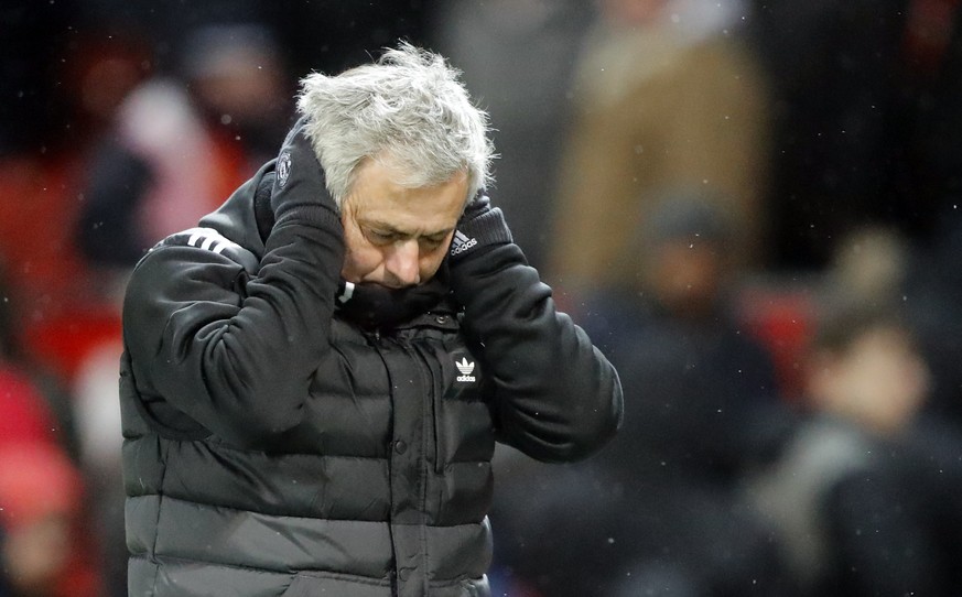 Manchester United head coach Jose Mourinho reacts during the English FA Cup quarterfinal soccer match between Manchester United and Brighton, at the Old Trafford stadium in Manchester, England, Saturd ...