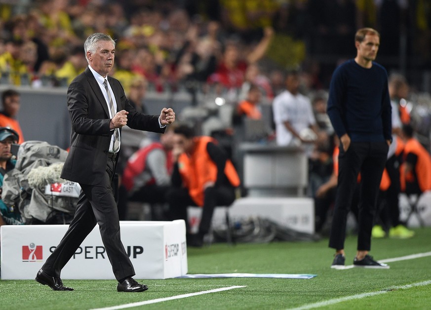 epa05484882 Carlo Ancelotti, coach of Bayern Munich reacts after the 2-0 during the German DFL Super Cup match between Borussia Dortmund and Bayern Munich in Dortmund, Germany, 14 August 2016. EPA/Ina ...
