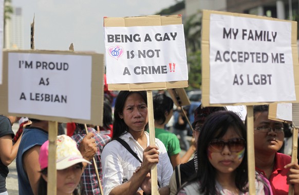 FILE - In this Saturday, May 21, 2011, file photo, Indonesian gay activists hold posters during a protest demanding equality for LGBT (Lesbian, gay, bisexual and transgender) people in Jakarta, Indone ...