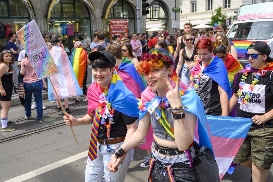 epa07650253 People participate in the Gay Pride parade in Zurich, Switzerland, 15 June 2019, under the motto &#039;Strong in diversity&#039; for the rights of the LGBT community in Switzerland. EPA/ME ...