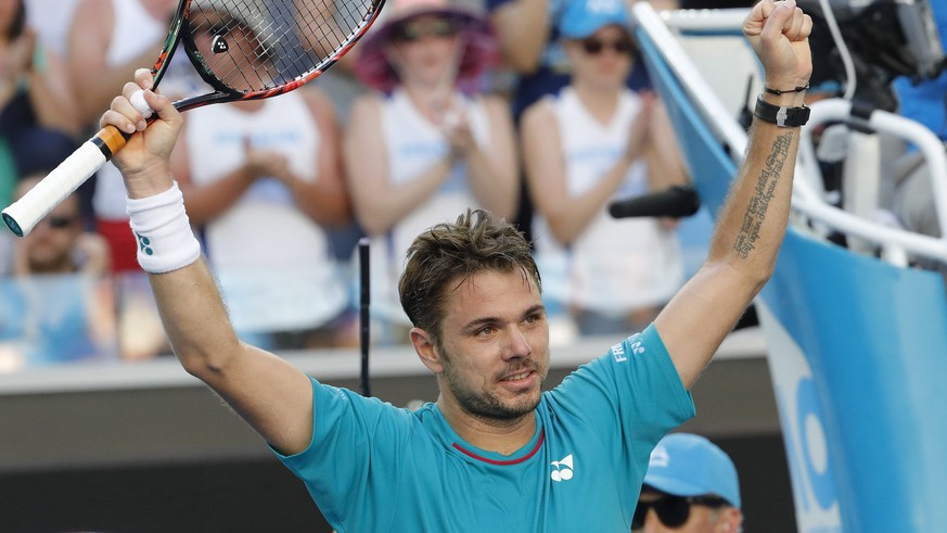 epa05740744 Stan Wawrinka of Switzerland celebrates winning his Men&#039;s Singles fourth round match against Andreas Seppi of Italy at the Australian Open Grand Slam tennis tournament in Melbourne, A ...