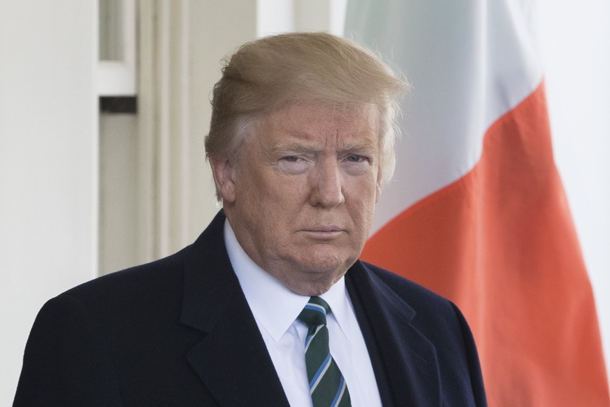 epa05852272 US President Donald J. Trump stands next to the Irish national flag before greeting the Irish Taoiseach (Prime Minister) Enda Kenny (not pictured), at the entrance to the West Wing of the  ...