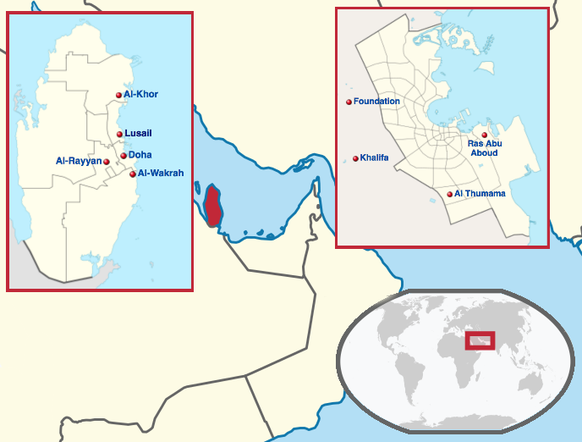 Die WM-Spielorte in Katar (links) und die Stadien in Doha (rechts).