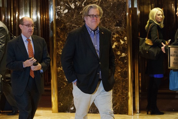 FILE - In this Friday, Nov. 11, 2016, file photo, Stephen Bannon, campaign CEO for President-elect Donald Trump, leaves Trump Tower in New York. Trump on Sunday named Republican Party chief Reince Pri ...