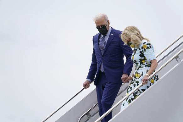 President Joe Biden and first lady Jill Biden arrive at Lawson Army Airfield during a trip to mark his 100th day in office, Thursday, April 29, 2021, in Fort Benning, Ga. (AP Photo/Evan Vucci)
Joe Bid ...
