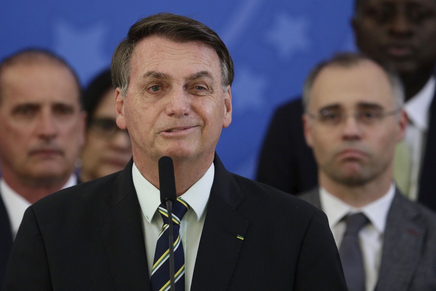 Brazil&#039;s President Jair Bolsonaro speaks during a press conference on the resignation of Justice Minister Sergio Moro, at the Planalto Presidential Palace in Brasilia, Brazil, Friday, April 24, 2 ...