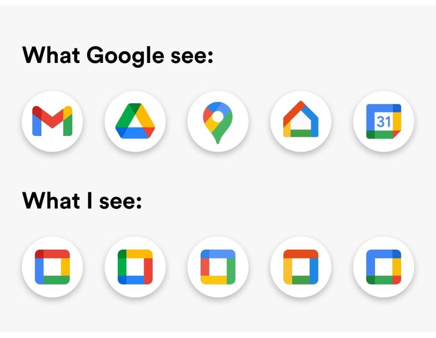 Jup, Googles neue Icons sehen irgendwie alle gleich aus. Irgendwo hier verstecken sich Gmail und Google Maps.