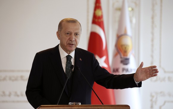 Turkey&#039;s President Recep Tayyip Erdogan speaks virtually to ruling party members from his Vahdettin Pavilion, in Istanbul, Sunday, Nov. 22, 2020. Erdogan said Sunday that Turkey sees itself as a  ...