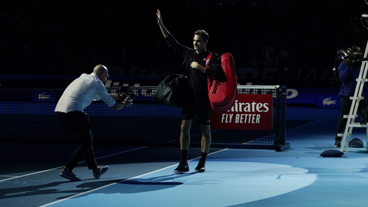 epa07997169 Roger Federer of Switzerland after winning his round robin match against Novak Djokovic of Serbia at the ATP World Tour Finals tennis tournament in London, Britain, 14 November 2019. EPA/W ...