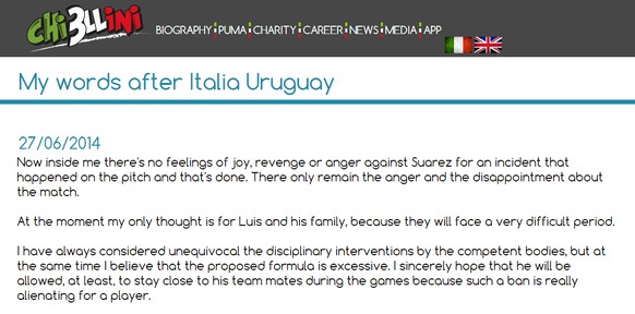 Giorgio Chiellini spricht Luis Suarez auf seiner Website Mut zu.