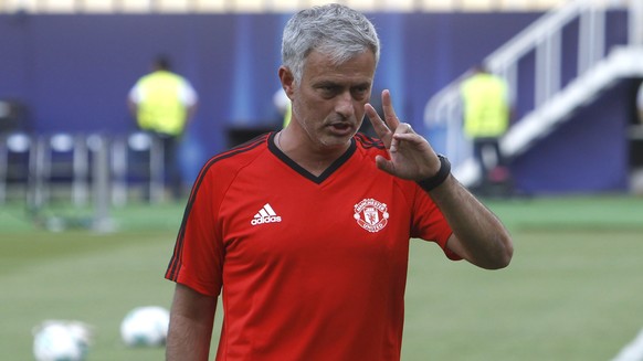 Manchester United&#039;s manager Jose Mourinho gestures during a training session at Philip II Arena in Skopje, Macedonia, Monday, Aug. 7, 2017, a day ahead of UEFA Super Cup final soccer match with R ...