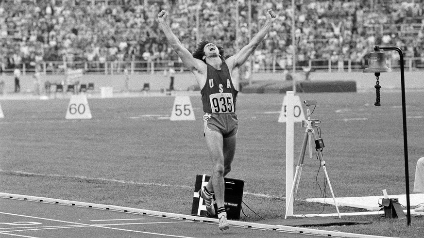American athlete Bruce Jenner shouts with joy as he places second in the 1,500-meter run to secure a gold medal in the Olympic decathlon competition at the Montreal Olympic Stadium, July 30, 1976, fin ...
