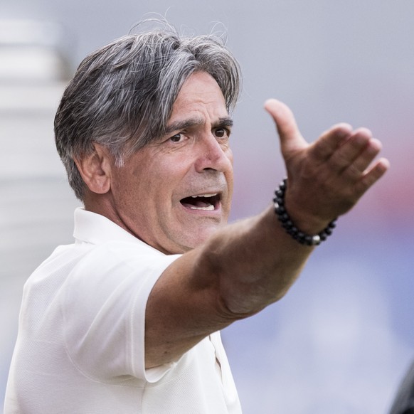FC Sion head coach Maurizio Jacobacci shouts to his players during a friendly soccer match FC Sion against Olympique Lyonnais at the Stade St. Germain in Saviese, canton of Valais, Switzerland, Friday ...