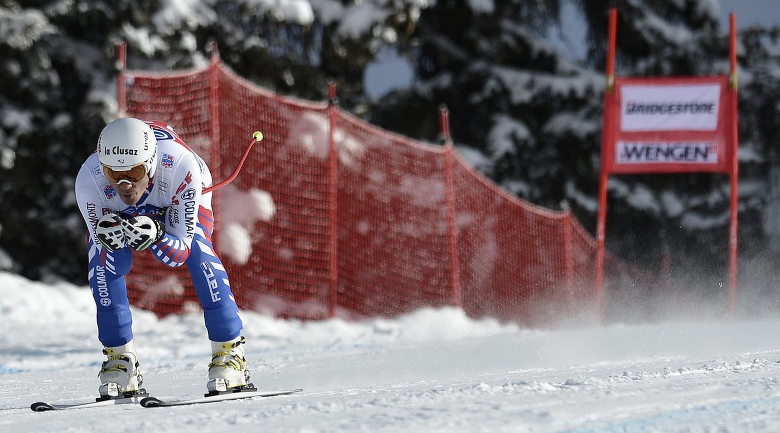 Johan Clarey of France in action during the second downhill training at the FIS Ski World Cup at the Lauberhorn in Wengen, Switzerland, Wednesday, January 16, 2013. (KEYSTONE/Peter Schneider)