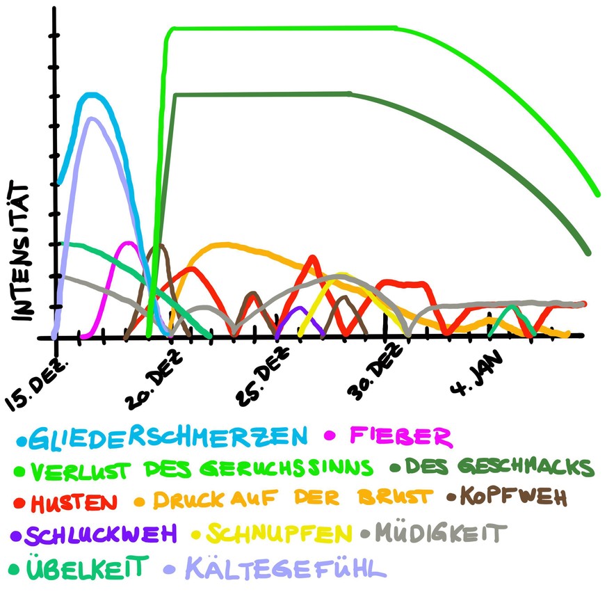 Meine Symptome nach bestem Wissen und Erinnerung.