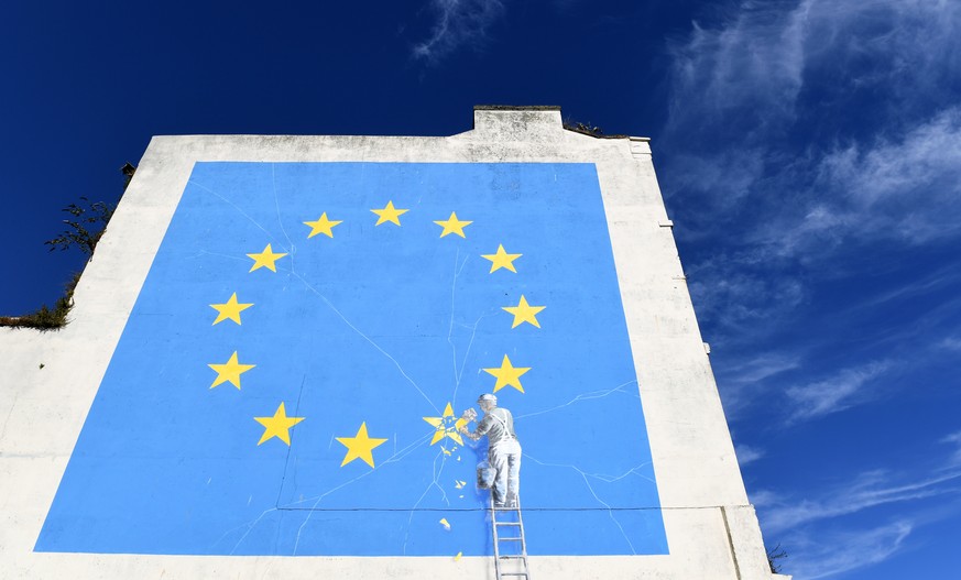 epa06920668 A view of a Brexit-inspired mural by anonymous British street artist Banksy depicting the European flag in Dover, Britain, 31 July 2018. The graffiti that appeared on a building near Dover ...