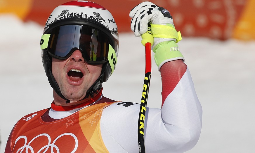 Switzerland&#039;s Beat Feuz reacts after finishing the men&#039;s super-G at the 2018 Winter Olympics in Jeongseon, South Korea, Friday, Feb. 16, 2018. (AP Photo/Christophe Ena)