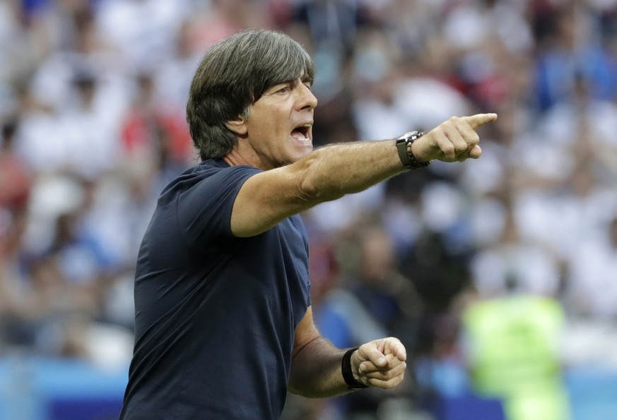 Germany head coach Joachim Loew shouts during the group F match between South Korea and Germany, at the 2018 soccer World Cup in the Kazan Arena in Kazan, Russia, Wednesday, June 27, 2018. (AP Photo/L ...