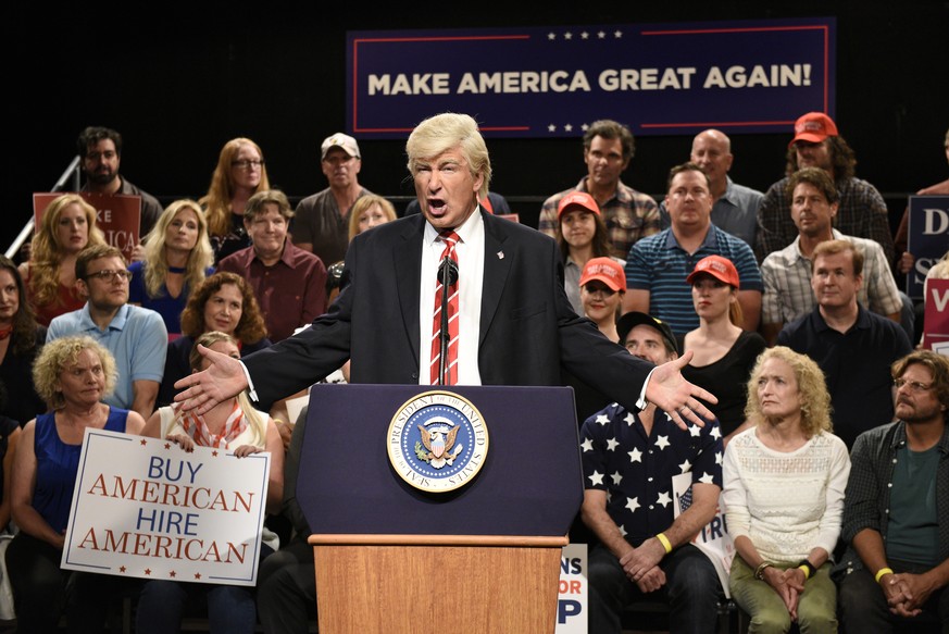 In this Aug. 24, 2017, photo provided by NBC, Alec Baldwin performs his impression of President Donald Trump on the set of &quot;Weekend Update: Summer Edition&quot; in New York. (Rosalind O&#039;Conn ...