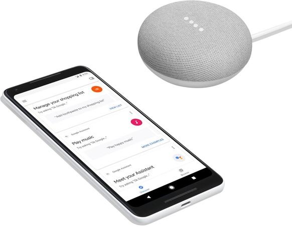 Das Pixel 2 und der&nbsp;der smarte Lautsprecher Google Home Mini nutzen beide die&nbsp;künstliche Intelligenz des Google-Assistenten.