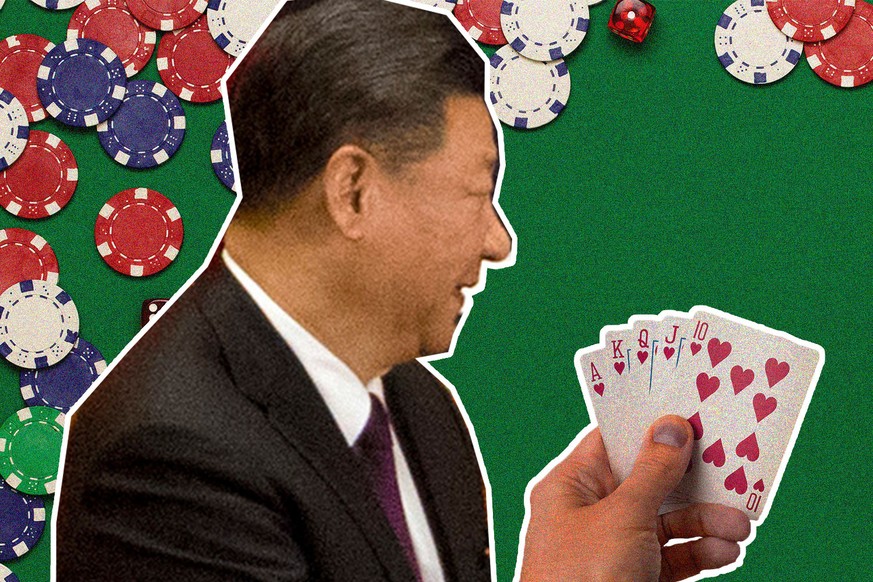 Xi Jingping mit Royal Flush Pokerkarten