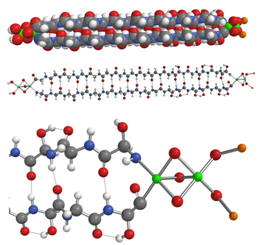 Model of the 2320 hemolithin molecule after MMFF energy minimization. Top: in space-filling mode; Center: ball and stick; Bottom: enlarged view of iron, oxygen and lithium termination. White = H; oran ...