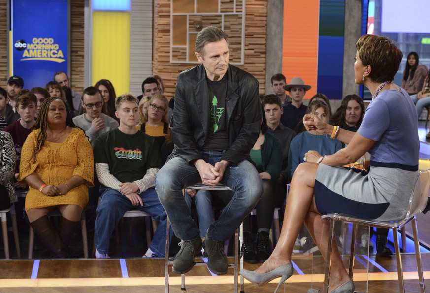 This image released by ABC shows Irish actor Liam Neeson, left, with co-host Robin Roberts on &quot;Good Morning America,&quot; Tuesday, Feb. 5, 2019, in New York. The 66-year-old actor appeared on th ...