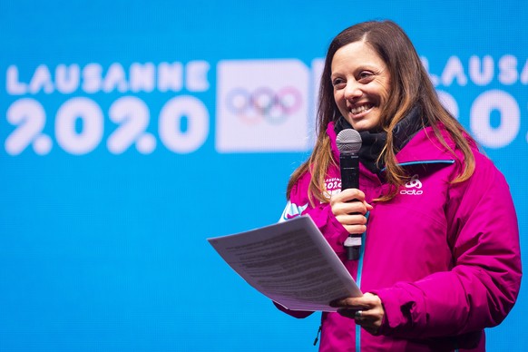 epa08152112 Swiss Virginie Faivre, president of the Organizing Committee of the Lausanne 2020 Winter Youth Games, delivers a speech during the closing ceremony of the Lausanne 2020 Winter Youth Olympi ...