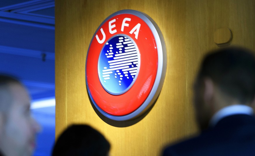 epa08337222 (FILE) - The UEFA logo on display after the meeting of the UEFA Executive Committee at the UEFA headquarters in Nyon, Switzerland, 07 December 2017 (re-issued on 01 April 2020). The UEFA h ...
